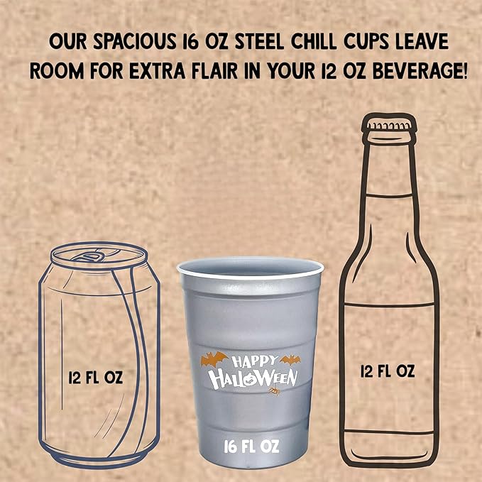 16 oz. Party Cups 'Happy Halloween' Ghost Design for Cold Drinks, Durable, Disposable, Recyclable, Made in USA, Gray, 12 Count