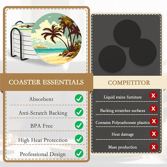 Drink Coasters with Holder,6 Pcs Palm Trees Beach Sunset Absorbent Ceramic Drink Pads, Non-Slip Table Protectors for Coffee & Glasses