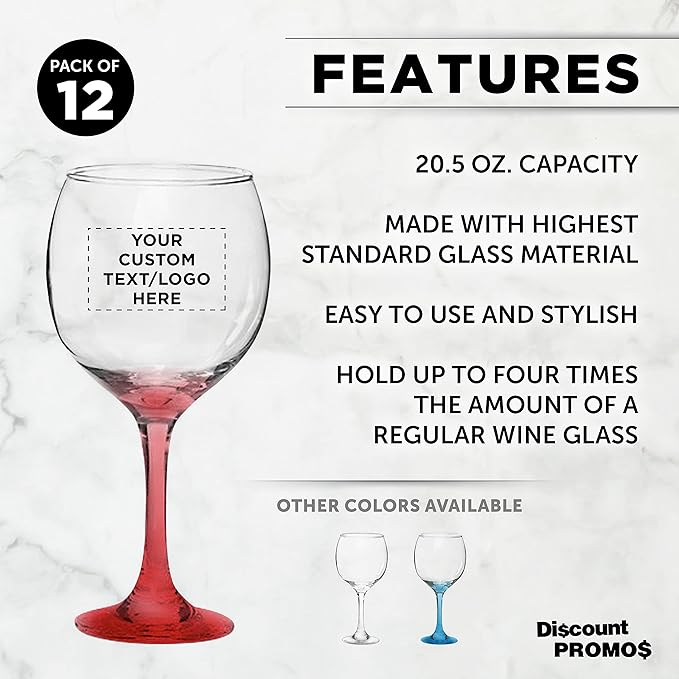 Custom Premiere Wedding Wine Glasses 20.5 oz Set of 12, Personalized Bulk Pack - Restaurant Glassware, Perfect for Red Wine or White Wine - Red