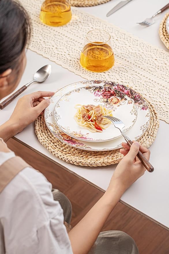Dinnerware Sets, Plates Set, with Bowls, Artistic 12-Piece Ceramic Dinnerware, for Home Restaurant, Chip and Scratch Resistant, Microwave and Dishwasher Safe, Rose Collection
