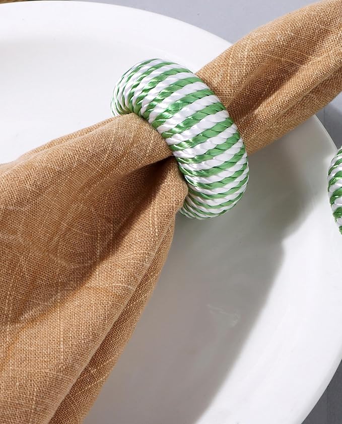 Napkin Rings Set of 12 - Rayon Napkin Holders for Dining, Anniversary, Birthday, Christmas | Napkin Rings for Home and Kitchen Décor | Adornment for Table Settings(Green White) - ALPHA Living HOME