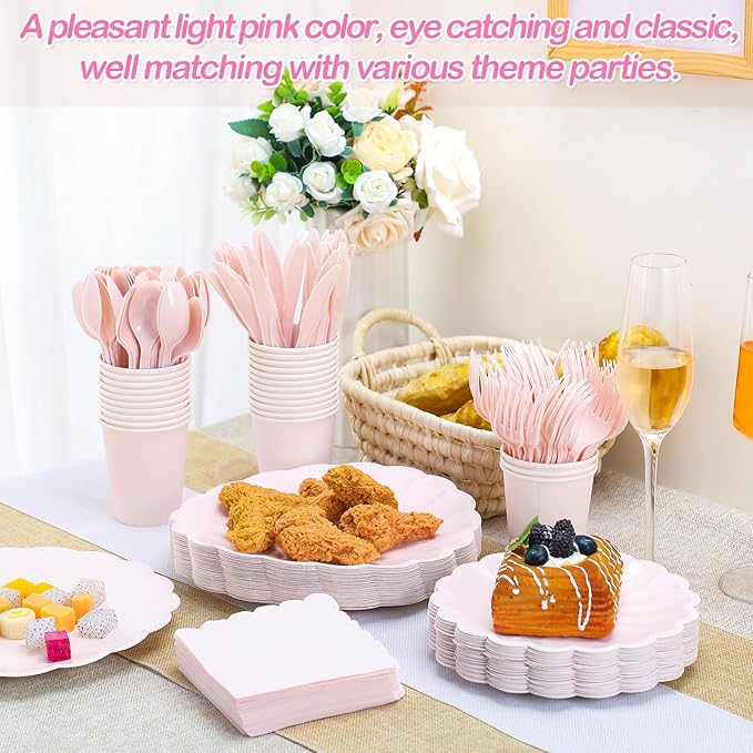 Light Pink Scalloped Paper Plates Shell Edge Disposable Tableware Cocktail Napkins Cups Plastic Spoons Forks Knives for Wedding Baby Shower Picnic Birthday Party Supply for 50 Guests