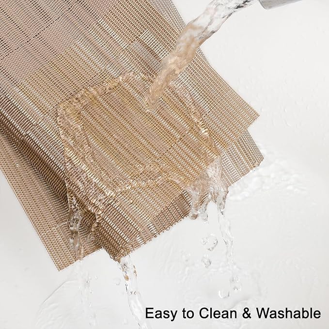 Placemats Set of 6, Vinyl Woven Place Mats Indoor Set of 6 Washable Wipeable PVC Table Mats Heat-Resistant Non Slip Plastic Placemat for Kitchen Dining Outdoor Table (Gray Gold, Set of 6)