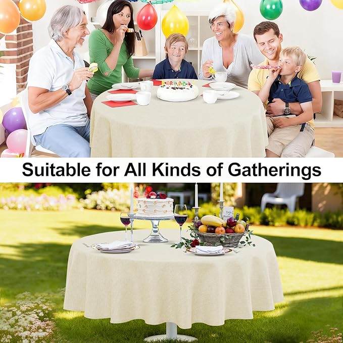 JIUZHEN Round Table Cloth Faux Linen Farmhouse Tablecloth Wrinkle and Stain Resistant Decorative Fabric Table Cover for Kitchen, Dining Room, Parties and Camping, Champagne, 60 Inch Round