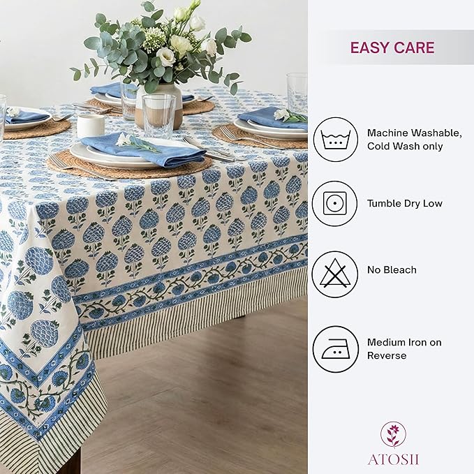 ATOSII Roma Blue 100% Cotton Boho Rectangle Fall Tablecloth, Handblock Floral Print Table Cloth Linen for Kitchen Dining I Parties, Outdoors, Weddings, Christmas, Thanksgiving Decor 60 X 90 Inches
