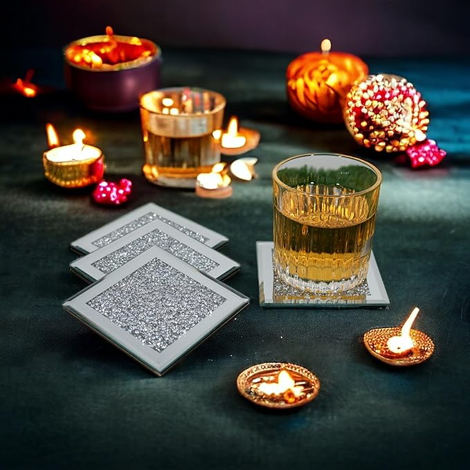 Crushed Diamond Crystal Glass Mirrored Square Coasters Set of 4 Glittering Bling Silver TRENDZY ® Drink Wine Coasters for Home Kitchen Bar & Restaurant Home Decor Birthday Wedding (Square)