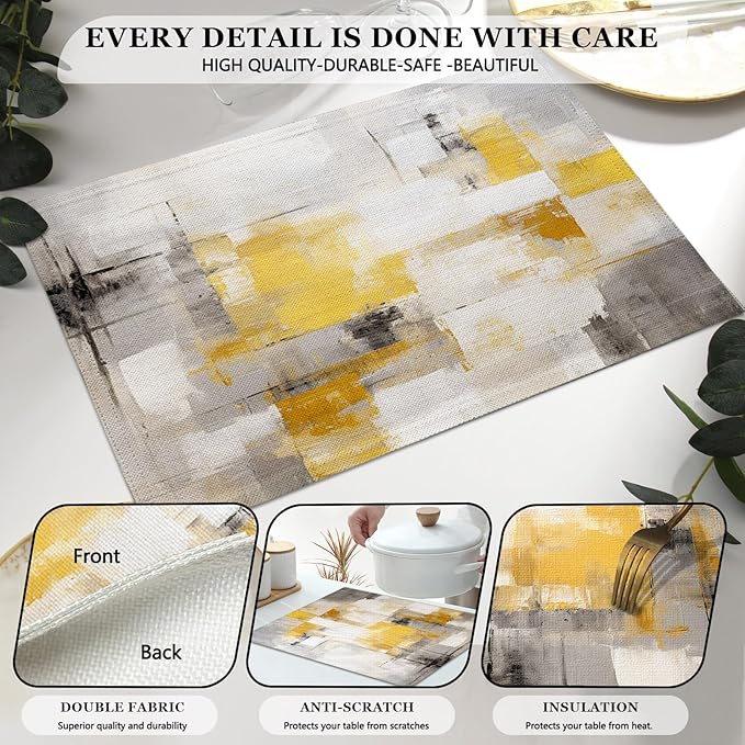 Mcalk Yellow Table Runner and Placemats Set of 6, Abstract Grey Placemats, Modern Cloth Place Mats Indoor for Kitchen,Washable Linen Material for Dining Table