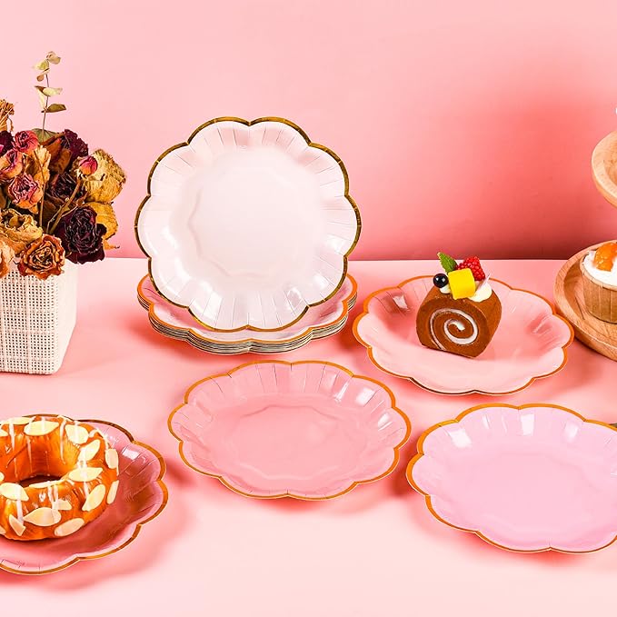 Pink Party Plates Gradient Pink Dessert Paper Plates 7inch Gold Foil Scalloped Edge Disposable Cake Plates for Valentines Day Birthday Bridal Baby Shower Wedding Party Supplies (48)