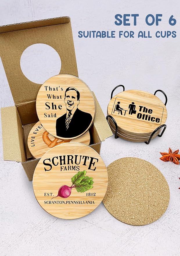 The Office TV Show Merchandise,6 PCS Cork Coasters for Drinks,Funny Set with Coasters Holder,The Office TV Fans Clean Dirty Dishwasher Magnet,Refrigerator Sign Kitchen Decor Gifts