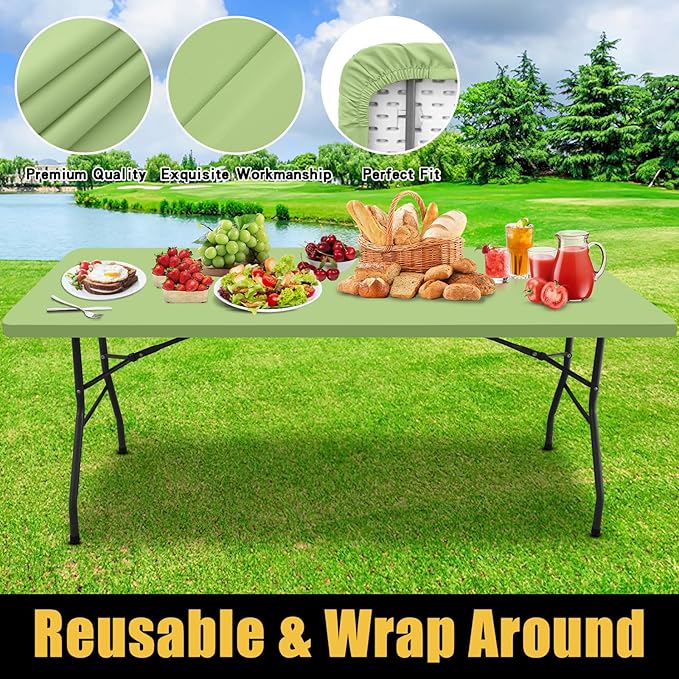 Smiry Rectangle Picnic Table Cloth, Waterproof Elastic Fitted Tablecloths for 8 Foot Tables, Washable Polyester Table Cover for Camping, Indoor and Outdoor (Sage Green, 30"x96")