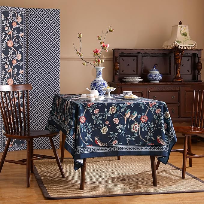 patdrea Designer Dark Blue Linen Rectangular Tablecloth,Vintage Navy French Floral and Birds Pattern Table Cloth,Decoration Table Cover for Kitchen,Dining,Tea Party,Home,Christmas,63"*110"