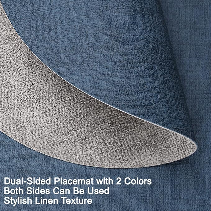 Placemats and Coasters, Washable Placemats Round Faux Leather Wipeable Place Mats Non Slip Heat Resistant Indoor Outdoor Table Mats (Set of 6, Light Gray Navy Blue)