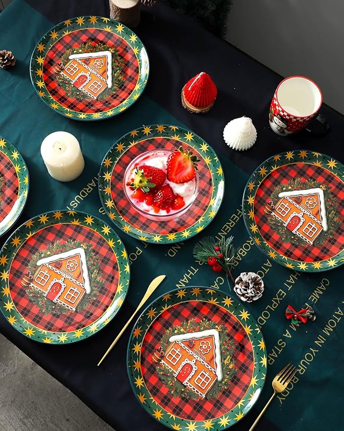 HASENSE Christmas Dinner Plates, 10.5 Inch Ceramic Plates Set of 6, Dinnerware Dish for Kitchen for Steak, Pasta, Pizza, Serving Plate Microwave, Oven and Dishwasher Safe, Holiday Dining Collection