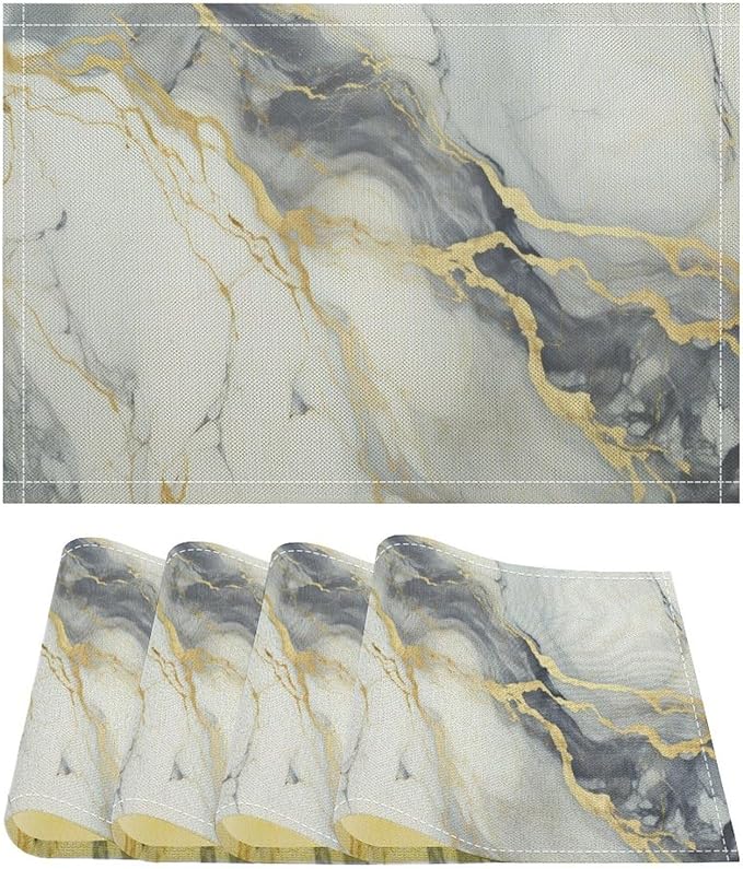 Marble Linen Place Mats Set of 4, 12x17 Inch Modern Abstract Foil Texture White Grey Gold Marble Washable Fabric Non-Slip Placemats for Home Dining Table Banquets Party Kitchen Decoration