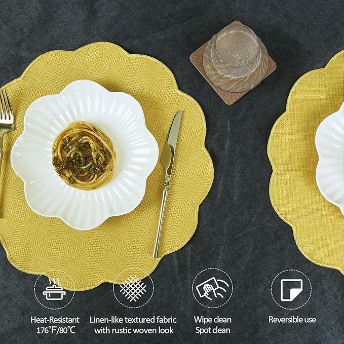 AHHFSMEI Round Faux Linen Placemats Set of 4 Waterproof Table Mats Heat Resistant Non-Slip and Stain Proof for Kitchen Dining Elegant Decor (Yellow,4)