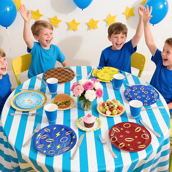 60Pcs Blue with Gold Ring Paper Plates 9" Disposable Heavy Duty Cartoon Tinsel Video Games Dessert Paper Plates Hedgehog Party Tableware Set for Kids Birthday Baby Shower Party Decorations