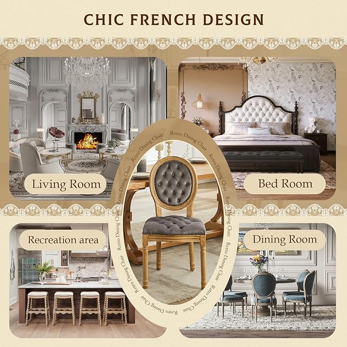 SoarFlash French Dining Chairs Set of 2, Vantage Dining Chair with Round Back, Wood Leg Farmhouse Country Velvet Dining Chair for Kitchen,Bedroom,Grey
