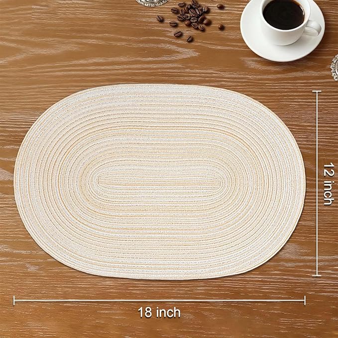 Noctiflorous Oval Braided Placemats Set of 6 Woven 12x18 Inch Non Slip Washable Heat Resistant Place Mats Round Tablemats for Dining Kitchen Party Daily Table Decor Dinner Mats (Beige, 6)