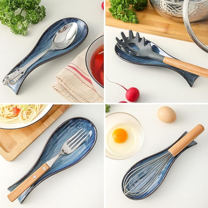 Ceramic Spoon Rest for Stove Top,Large 8.7 Inch Spoon Holder for Kitchen Counter,Porcelain Utensil Rest for Thankgiving and Christmas Gift,Dishwasher Safe and Heat-Resistant,Blue(1 PC)