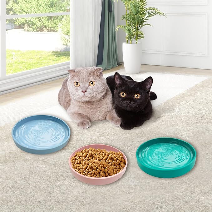 Silicone Cat Food Bowl Shallow Dishes 5.9in Wide Cats Bowls Set of 2 Kitty Plates Relief Whisker Fatigue Puppy Feeding Bowl for Dry Food and Wet Food Indoor (Round Blue)