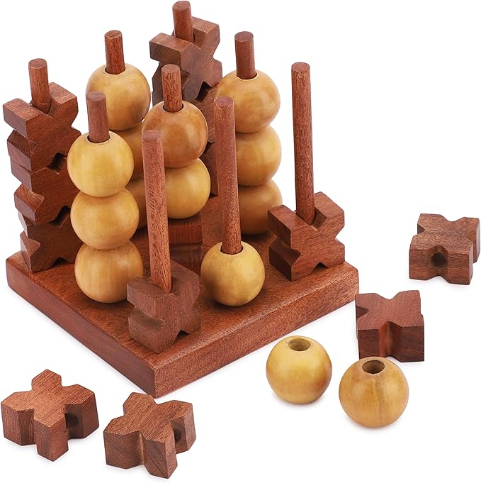 Ajuny 3D Wooden Tic Tac Toe Board Game for Indoor, Outdoor, Travel Rustic Coffee Table Decor Games - Ideal Gift for All Ages Strategy 2 Players Night, Family Game
