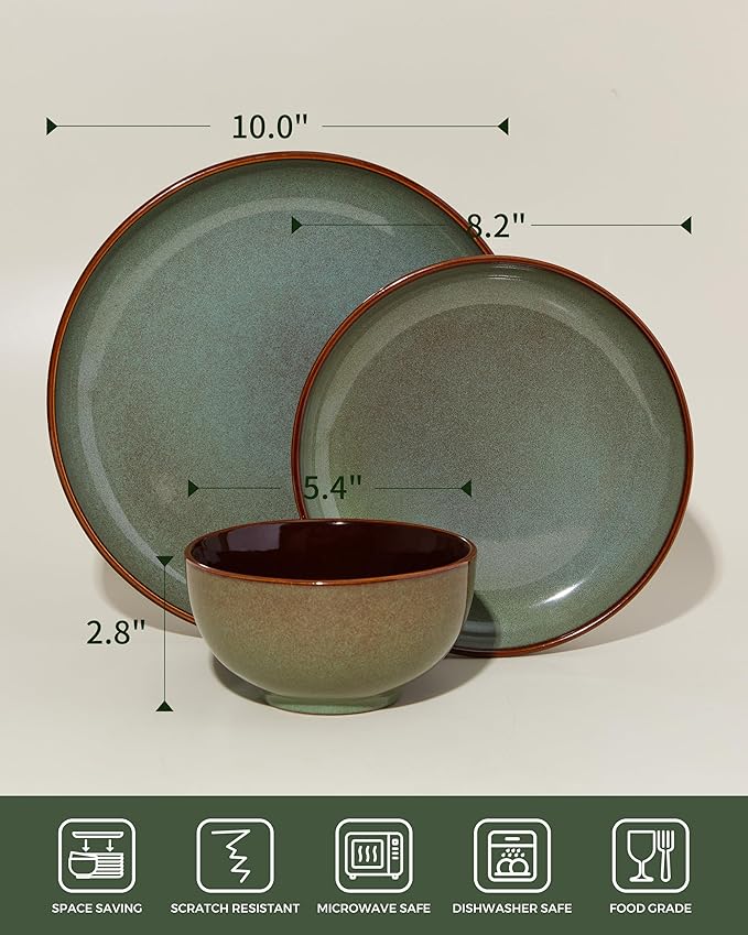 36 Piece Stoneware Dinnerware Sets, Ceramic Plates and Bowls Set, Microwave & Dishwasher Safe Kitchen Dish Set, Modern Dinner Salad Plates | Cereal Bowls for 12, Dishware Sets Sage Green