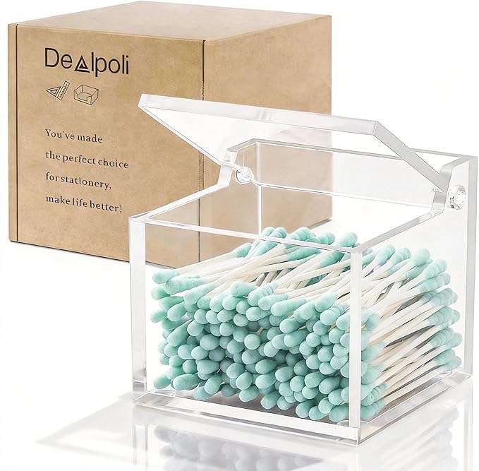 Clear Acrylic Qtip Holder With Lid Cotton Balls Swab Organizer,Square Q Tip Storage, Floss Picks, Bath Salts, Cotton Wab Holder,Home Bathroom Decor (DP011)
