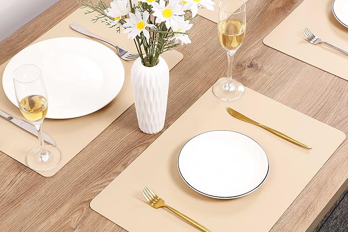Wipeable Placemats Leather Table Mats Waterproof Heat-Resistant Easy to Clean for Dining Table Set Kitchen Table (6, Buff)