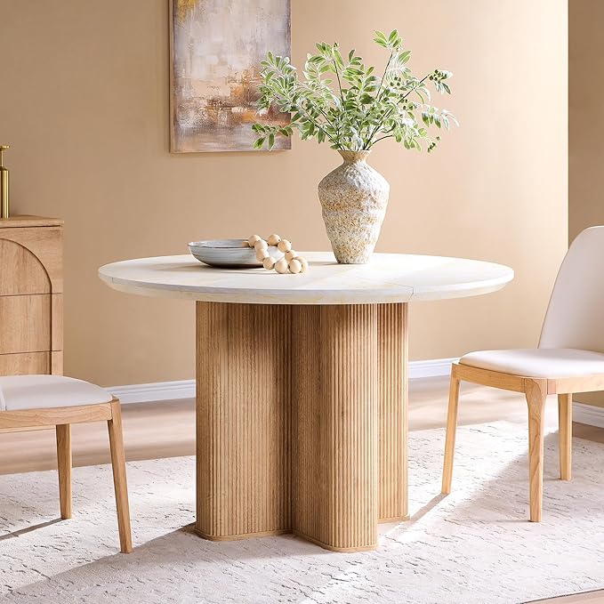 T4TREAM 47" Fluted Round Dining Table for 4-6, Mid-Century Modern Kitchen Table with Thickened Edge & Sturdy Pedestal Base for Kitchen Living Room,Marble & Natural Oak(Table Only)