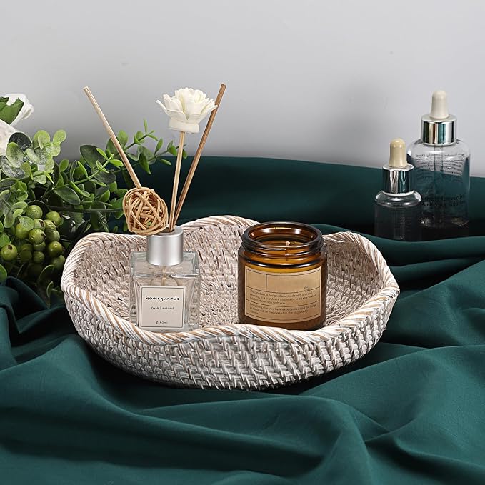 Hipiwe Decorative Key Tray Rattan Storage Bowl Food Serving Basket for Fruit Bread Candy Handwoven Basket Tray for Entryway Table Kitchen, Whitewash 8.6 Inch
