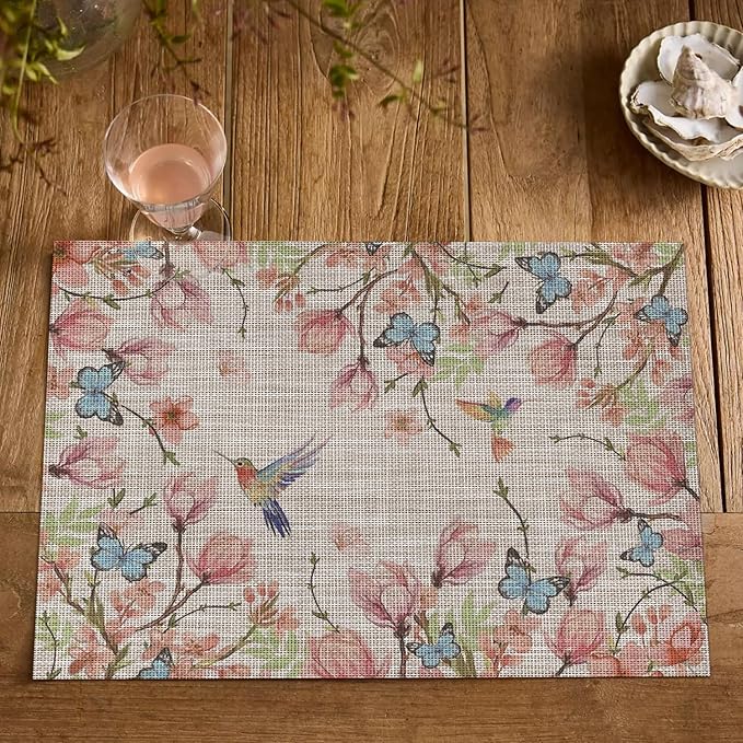 Artoid Mode Birds Flower Butterfly Placemats Set of 4, 12x18 Inch Plastic Woven Wipeable Non-Slip PVC Place Mats for Party Kitchen Dining Decor