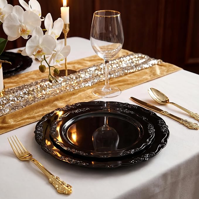 U-QE 100PCS Black Plastic Plates, Heavy Duty Black Plates Including 50PCS 10'' Dinner Plates & 50PCS 7.5'' Dessert Plate - Hard Plastic Plate for Party Wedding Bridal Shower