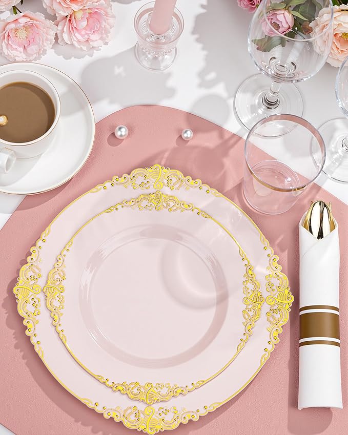 Nervure 100PCS Pink and Gold Plastic Plates - 7.5 inch Pink Plastic Plates with Gold Rim - Disposable Dessert Plate for Wedding & Party