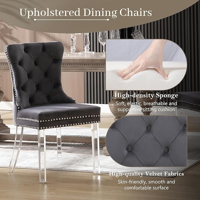 KCC Velvet Dining Chairs Set of 2, Upholstered Tufted Wingback Dining Room Chair with Nailhead Back Ring Pull Trim Solid Acrylic Legs, Contemporary Nikki Collection Style for Kitchen, Grey