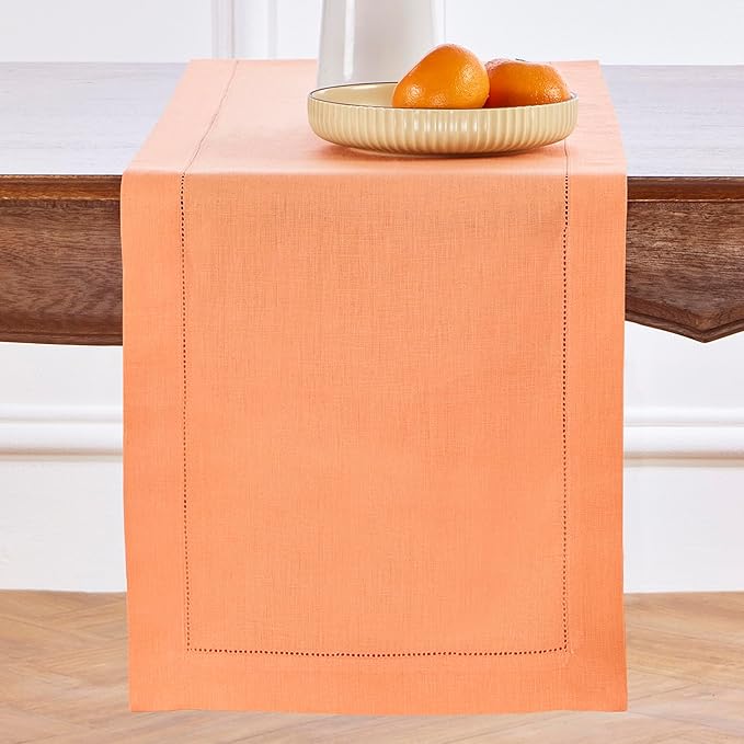 Solino Home Linen Coral Hemstitch Table Runner 48 Inches - 100% Pure Linen Small Table Runner 14 x 48 Inch Ideal for Dresser and Coffee Tables, Valentines, Spring, Easter - Classic Hemstitch