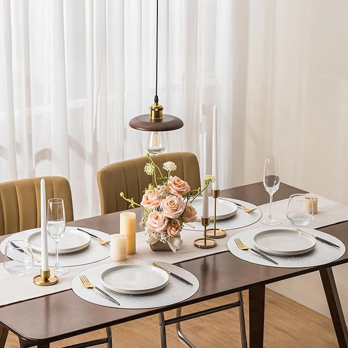 Jovono 15" Faux Leather Big Round Placemats Set of 6 - Washable Heat Resistant Non-Slip Dining Table Mats with Fabric Texture for Kitchen Home Party Wedding Decor, Silver