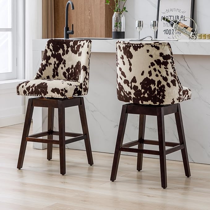 Counter Height Bar Stools Set of 2, Velvet Swivel Kitchen Stool Chairs with Back Mid Century Modern Barstool with Distressed Wood Legs for Dining Bar, Cow