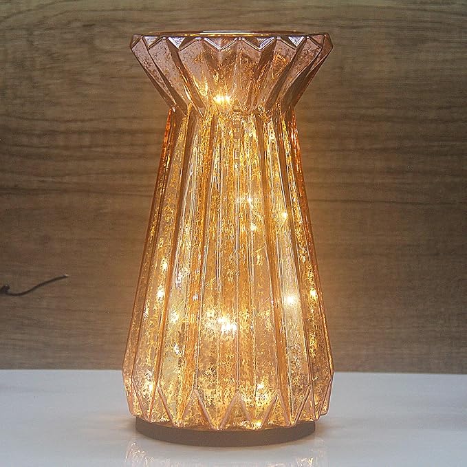 Home Decor, Mercury Glass Pillar Candle Pedestal Holders with led Lights, Lighted up Candle Holder for Pillar Candle, Glass Candlestick Holders with Timer for Wedding Dining Table Xmas (Rosegold)