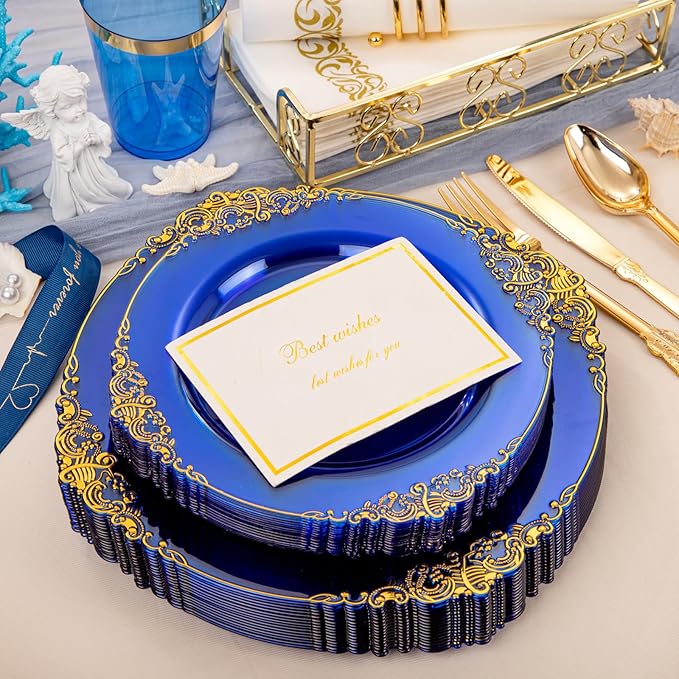 Hioasis 210pcs Blue and Gold Plates - Blue Party Plates for 30 Guest, Include 60 Heavy-duty Plates(20% Thicker Than Standard), 30 Pre Rolled gold Plastic goldware Set, 30 Cups