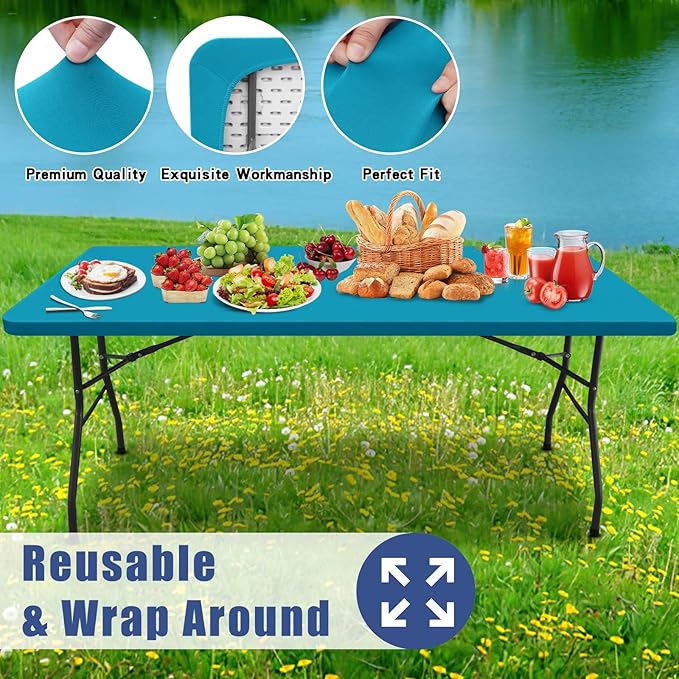 Spandex 6 Foot Rectangle Table Cloth 2 Pack, Elastic Fitted Tablecloths for Picnic, Stretch Washable Patio Table Cover for Outdoor, Camping, Banquet and Parties (Teal, 30"x72")