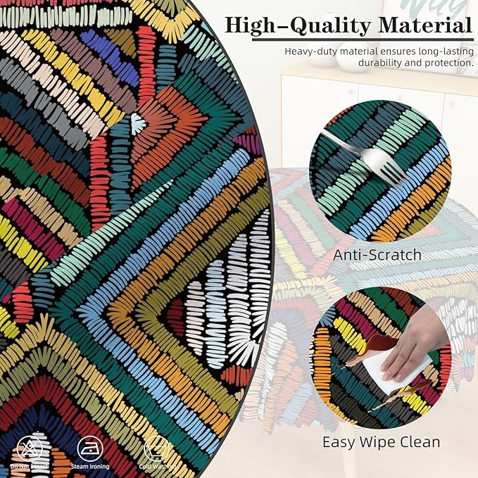 Laeacco 42 Inch Colorful Patchwork Round Tablecloth Woven Geometric Pattern Abstract Art Print Table Cloth Washable Waterproof Wrinkle Free Table Cover for Kitchen Dining Picnic Party Decoration
