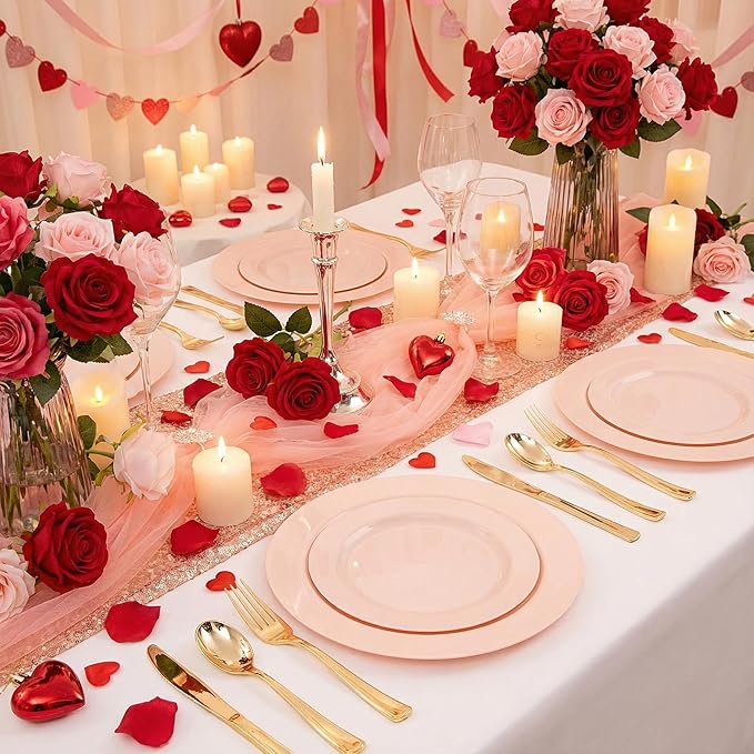 FLOWERCAT 100PCS Pink Plastic Plates - Heavy Duty Pink Party set Disposable serve for 50 guests -10 inch Dinner + 7 inch Dessert/Salad Plates for Easter,Birthday Party,Mother's Day