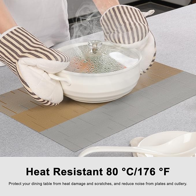 Placemats Set of 8, Vinyl Woven Place Mats Indoor Set of 8 Washable Wipeable PVC Table Mats Heat-Resistant Non Slip Placemat for Kitchen Dining Outdoor Table (Gray Light Brown, Set of 8)