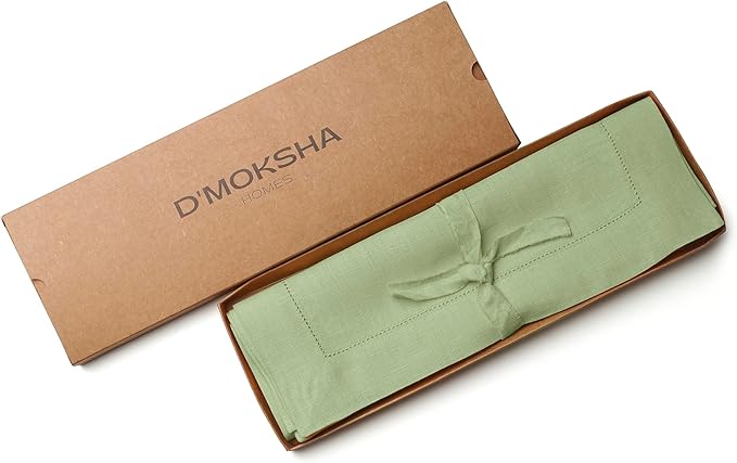 D'Moksha Homes Sage Green Linen Cloth Placemats Set of 6-100% Pure Linen Hemstitch Placemats 14 x 19 Inch - Classic Hemstitch Table Place Mats for St Patricks Day, Easter - Machine Washable