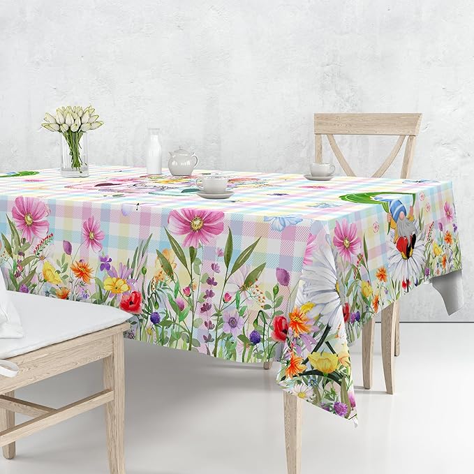 Spring Tablecloth Round, 70 Inch Gnome Flowers Buffalo Check Plaid Kitchen Table Cover for Dining Room Indoor Decor