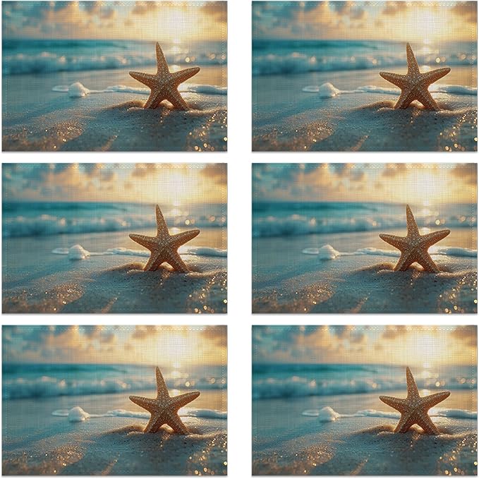Placemats, Sunrise Starfish Beach Placemats 12x18 Inch Waterproof Non-Slip Washable Table Mats for Kitchen Dining Party Table Decor,Set of 6