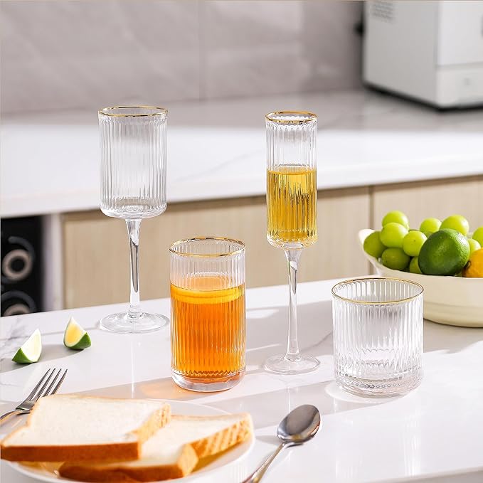 Lysenn Vintage Glassware Set - Ribbed & Fluted Wine, Champagne, Whiskey & Highball Glasses for Wedding or Party, Set of 4