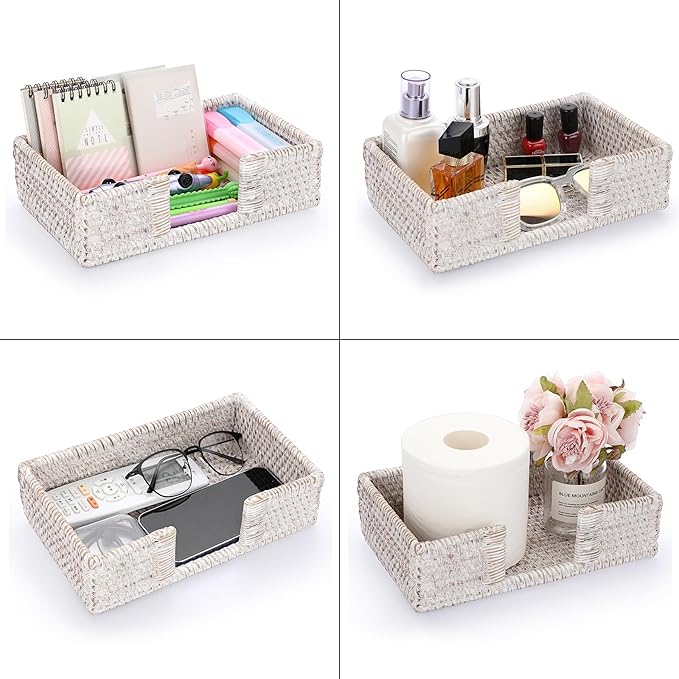 Sumnacon Napkin Holder,Rattan Napkin Holder Table,Wicker Guest Towel Holder for Hand Towel Napkin,Rectangle Napkin Basket for Bathroom Toilet Kitchen Dining Table Counter,Whitewash