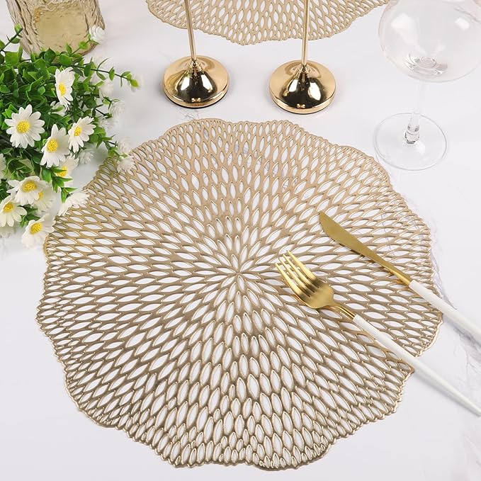Placemats Set of 6, Round Placemats Gold 15 Inch Washable Vinyl Place Mats Dining Table Mats for Anniversary Wedding Party Kitchen Decorations