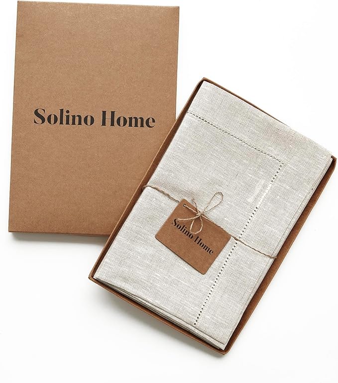 Solino Home Light Natural Linen Napkins Set of 6-100% Pure Linen Hemstitch Dinner Napkins 20 x 20 Inch for Spring, Easter - Classic Hemstitch